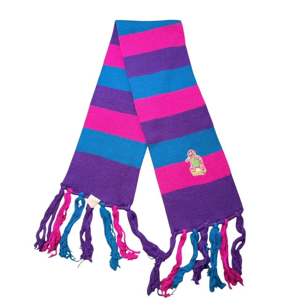 Vintage 1993 Barney the Dinosaur Kids Striped Knit Scarf Purple Pink Blue 4-7
